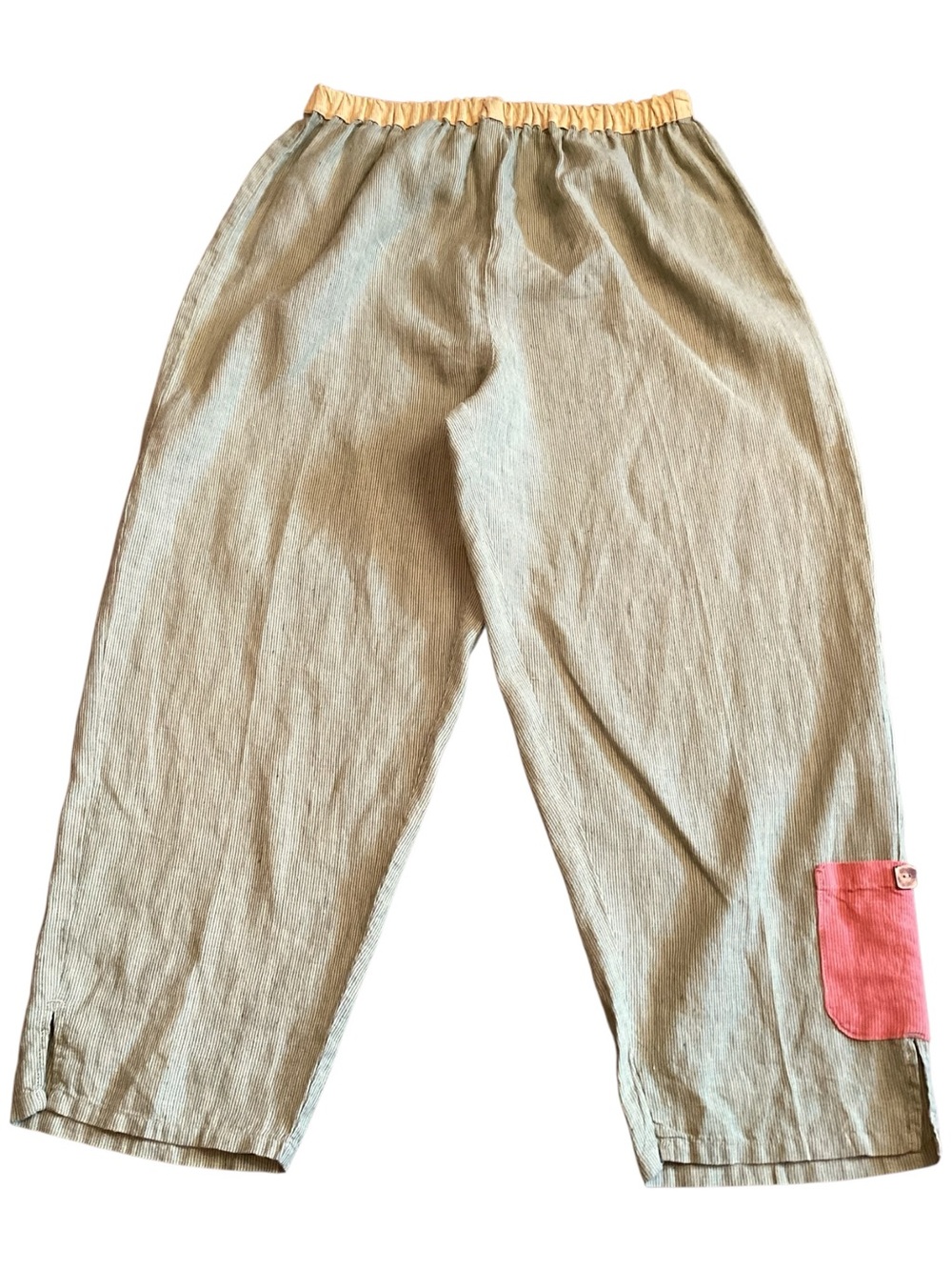Somewhat Funky Liz & Jane Linen Pants Large Green Stripe Cropped Artsy USA - Picture 2 of 14